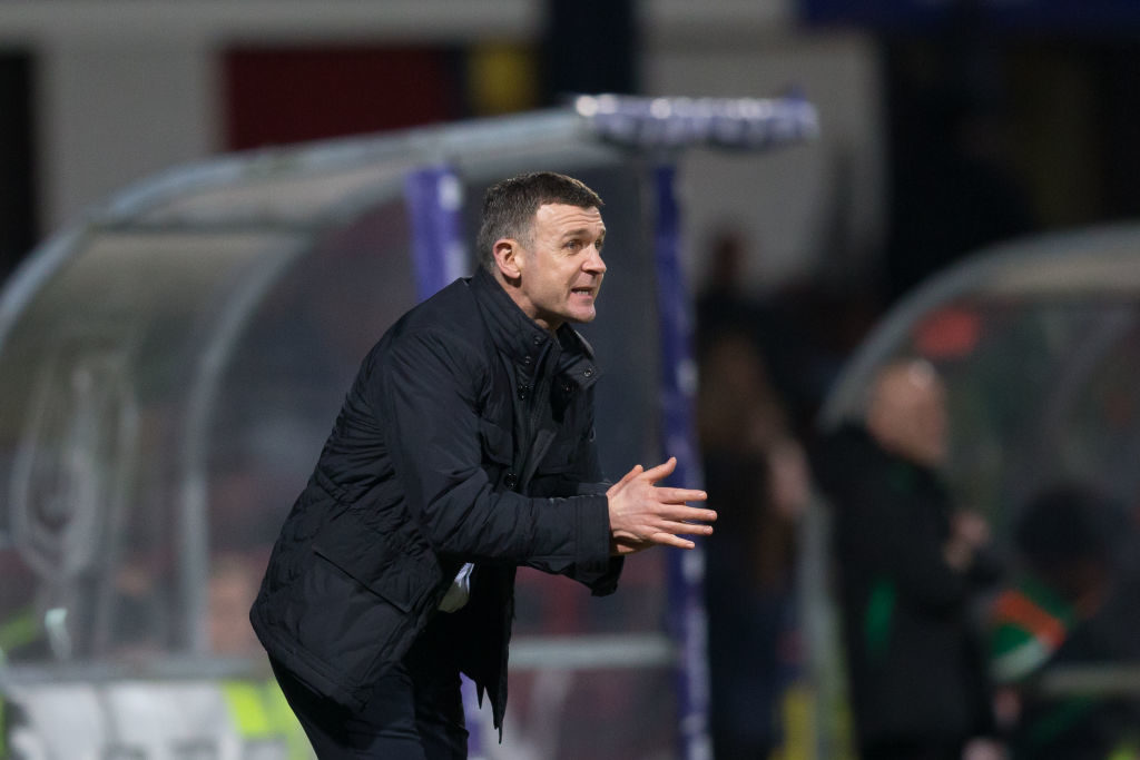 22nd February 2019, Dens Park, Dundee, Scotland; Ladbrokes Premiership football, Dundee v Hibernian; Dundee manager Jim McIntyre try to get his team more involved