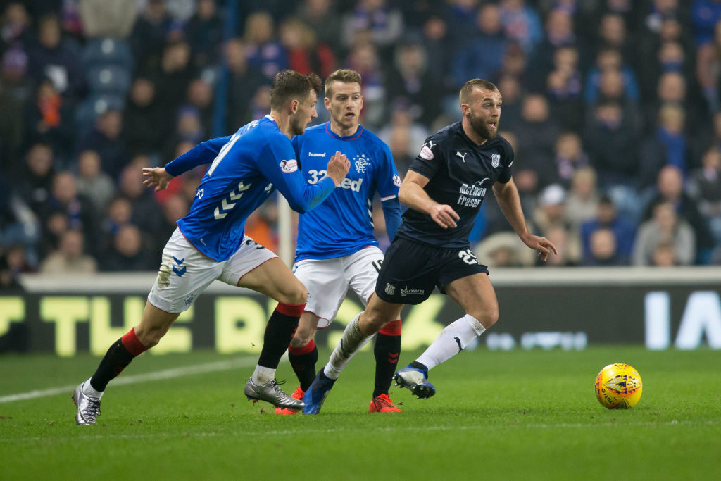 27th February 2019, Ibrox Stadium, Glasgow, Scotland; Ladbrokes Premiership football, Rangers versus Dundee; James Horsfield of Dundee bursts past Steven Davis and Borna Barisic of Rangers
