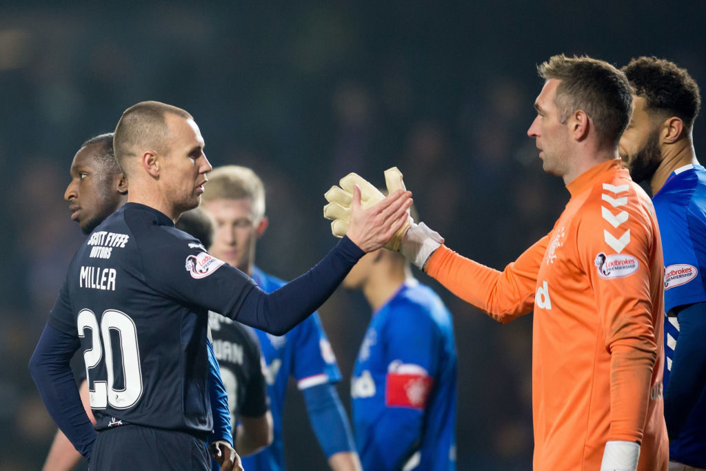 27th February 2019, Ibrox Stadium, Glasgow, Scotland; Ladbrokes Premiership football, Rangers versus Dundee; Kenny Miller of Dundee shakes hands with Allan McGregor of Rangers at the end of the match