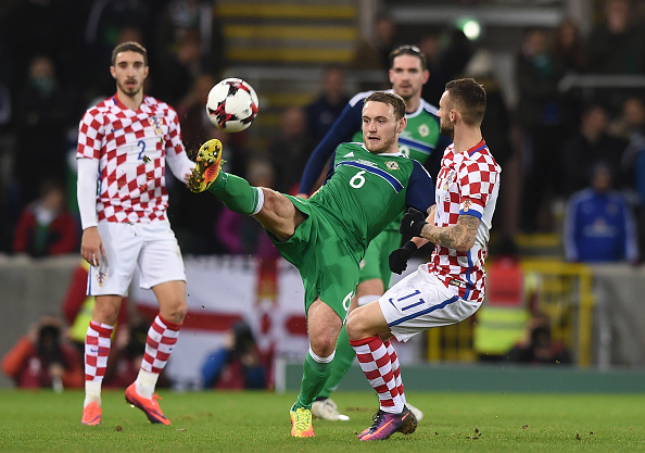 BELFAST, NORTHERN IRELAND - NOVEMBER 15: Lee Hodson (L) of Northern Ireland and Marcelo Brozovic (R) of Croatia during the international friendly fixture between Northern Ireland and Croatia at Windsor Park on November 15, 2016 in Belfast, Northern Ireland.