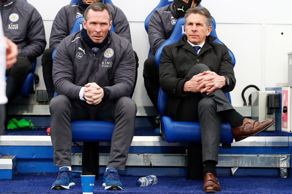 LEICESTER, ENGLAND - FEBRUARY 03: Leicester City manager Claude Puel and Leicester City assistant manager Michael Appleton prior to kick off of the Premier League match between Leicester City and Swansea City at the Liberty Stadium on February 3, 2018 in Leicester, England.