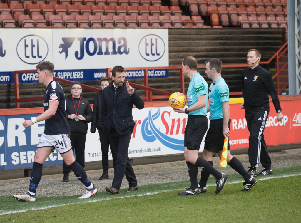 17th February 2018, Firhill Stadium, Glasgow, Scotland; Scottish Premier League Football, Partick Thistle versus Dundee; Dundee manager Neil McCann rages at referee Willie Collum