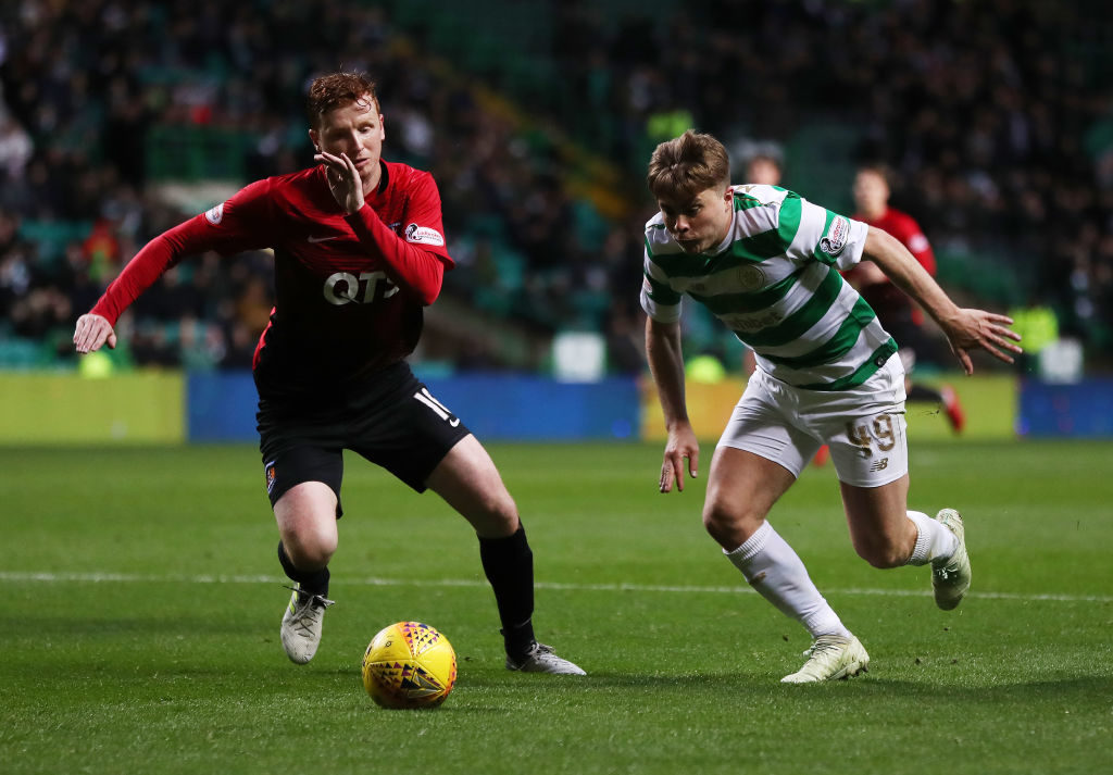 GLASGOW, SCOTLAND - MAY 09: Scott Boyd of Kilmarnock vies with James Forrest of Celtic during the Scottish Premier League between Celtic and Kilmarnock at Celtic Park on May 9, 2018 in Glasgow, Scotland.