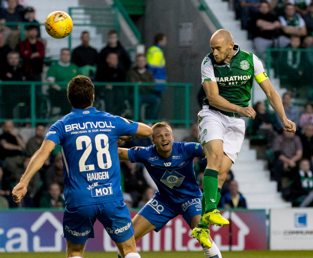 9th August 2018, Easter Road, Edinburgh, Scotland; Europa League football third qualifying round, 1st leg, Hibernian versus Molde FK; David Gray of Hibernian with a header towards goal 