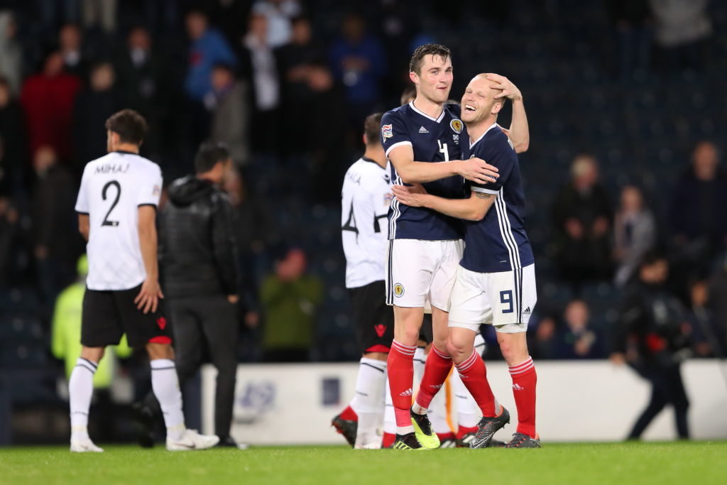 GLASGOW, SCOTLAND - SEPTEMBER 10: John Souttar of Scotland and Steven Naismith of Scotland at full time during the UEFA Nations League C group one match between Scotland and Albania at Hampden Park on September 10, 2018 in Glasgow, United Kingdom.