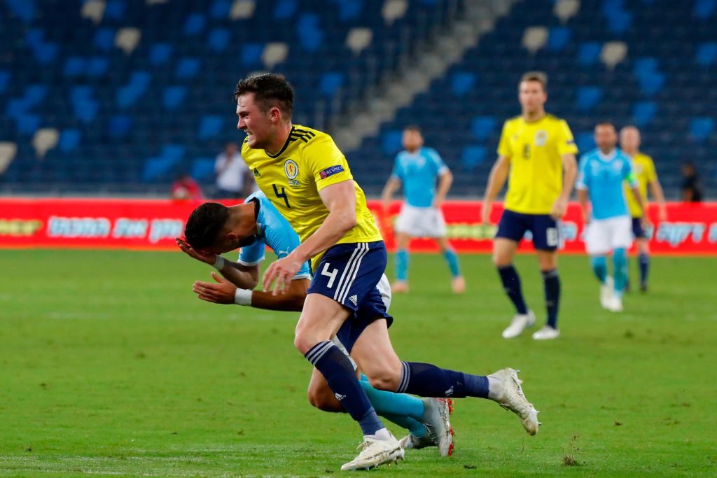 Scotland's defender John Souttar vies for the ball with Israel's forward Moanes Dabour during the UEFA Nations League football match between Israel and Scotland at Sammy Ofer Stadium in Haifa on October 11, 2018.