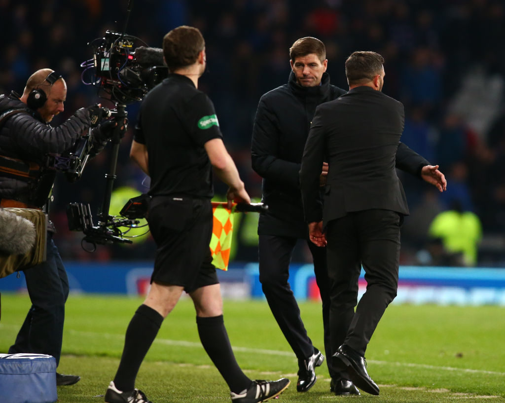 28th October 2018, Hampden Park, Glasgow, Scotland; Scottish League Cup football, semi final, Aberdeen versus Rangers; Aberdeen Manager Derek McInnes commiserates with Rangers Manager Steven Gerrard as Aberdeen win 1-0 
