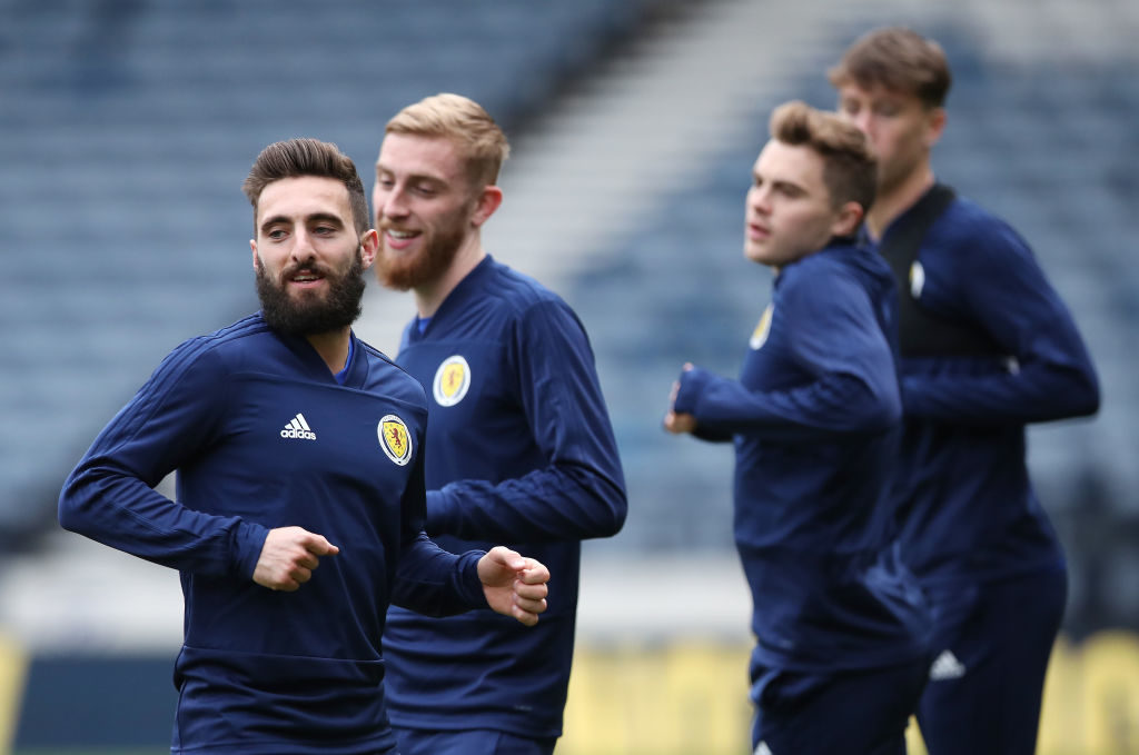 GLASGOW, SCOTLAND - NOVEMBER 19: Graeme Shinnie of Scotland is seen in action during a training session prior to the UEFA Nations League match between Scotland and Israel at Hampden Park on November 19, 2018 in Glasgow, Scotland.
