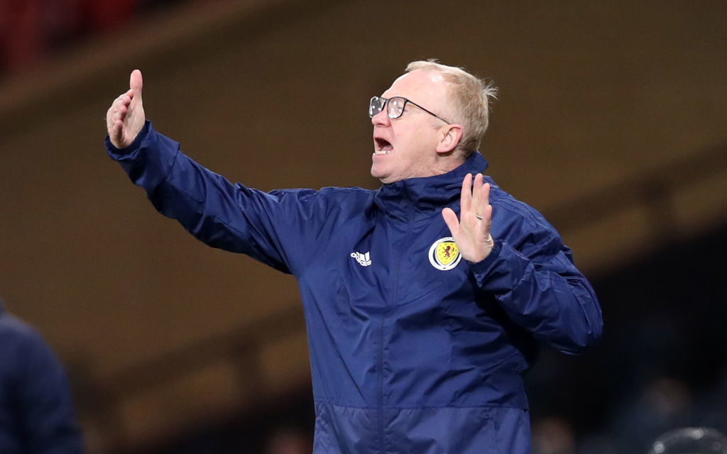 GLASGOW, SCOTLAND - NOVEMBER 20: Alex McLeish, Manager of Scotland gives his team instructions during the UEFA Nations League C group one match between Scotland and Israel at Hampden Park on November 20, 2018 in Glasgow, United Kingdom. 
