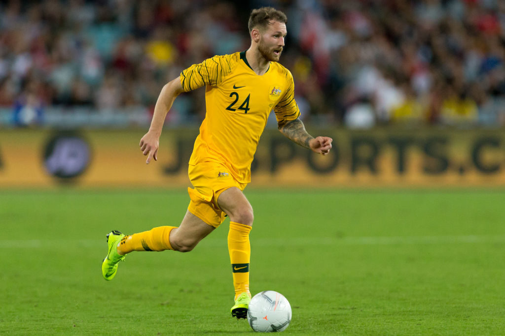 SYDNEY, AUSTRALIA - NOVEMBER 20: Australian forward Martin Boyle (24) dribbles the ball at the international soccer match between Australia and Lebanon on November 20, 2018, at ANZ Stadium in NSW, Australia.