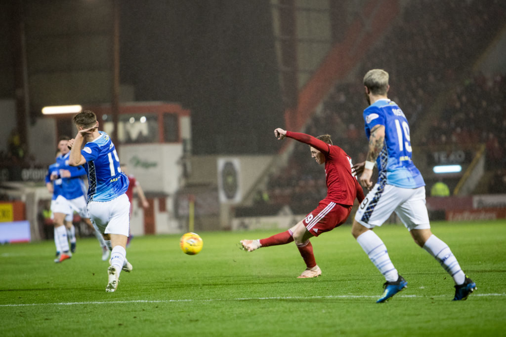 ABERDEEN, SCOTLAND - DECEMBER 08: Lewis Ferguson has a shot on goal during the Ladbrokes Premiership match between Aberdeen and St Johnstone at Pittodrie Stadium on December 8, 2018 in Aberdeen, United Kingdom.