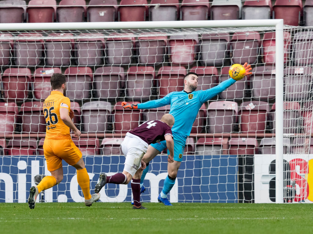 20th January 2019, Tynecastle Park, Edinburgh, Scotland; Scottish Cup football fourth round, Heart of Midlothian versus Livingston; Liam Kelly of Livingston makes a save from Steven Naismith of Hearts header