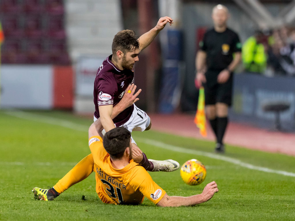 20th January 2019, Tynecastle Park, Edinburgh, Scotland; Scottish Cup football fourth round, Heart of Midlothian versus Livingston; Declan Gallagher of Livingston tackles Ben Garuccio of Hearts