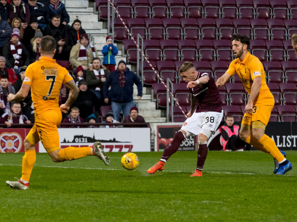 20th January 2019, Tynecastle Park, Edinburgh, Scotland; Scottish Cup football fourth round, Heart of Midlothian versus Livingston; Callumn Morrison of Hearts takes a shot at goal