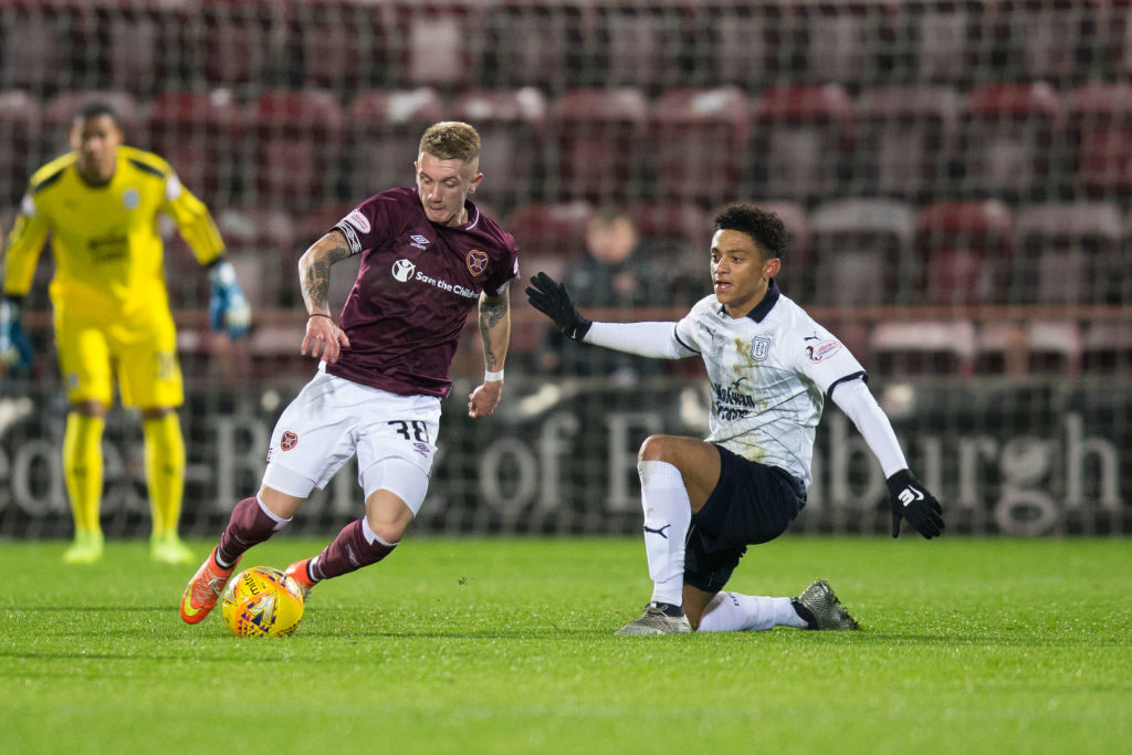 23rd January 2019, Tynecastle Park, Edinburgh, Scotland; Ladbrokes Premiership football, Heart of Midlothian versus Dundee; Callumn Morrison of Heart of Midlothian takes on Nathan Ralph of Dundee