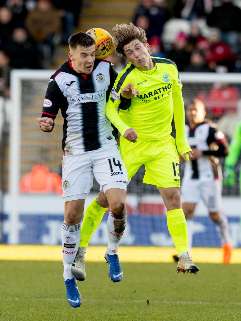 27th January 2019, The Simple Digital Arena, Paisley, Scotland; Ladbrokes Premiership football, St Mirren versus Hibernian; Brad Lyons of St Mirren and Ryan Gauld of Hibernian contest header