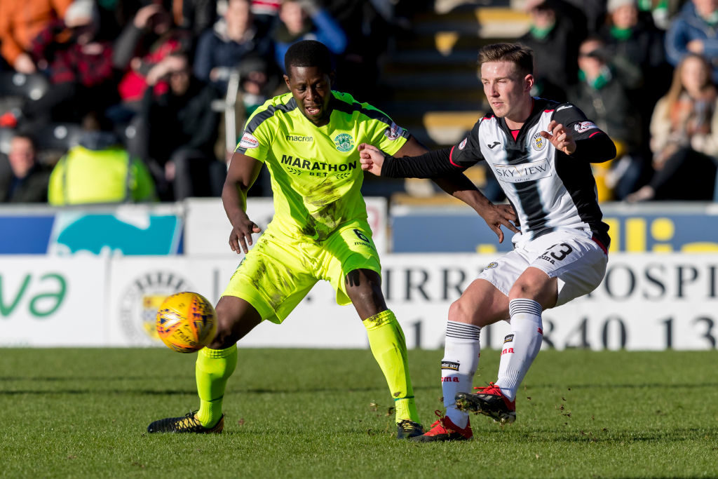 27th January 2019, The Simple Digital Arena, Paisley, Scotland; Ladbrokes Premiership football, St Mirren versus Hibernian; Marvin Bartley of Hibernian and Kyle McAllister of St Mirren