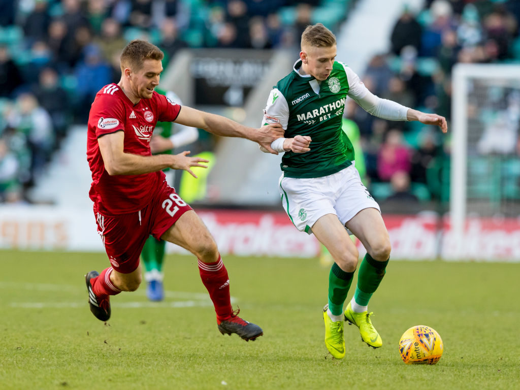 2nd February 2019, Easter Road, Edinburgh, Scotland; Ladbrokes Premiership football, Hibernian versus Aberdeen; Oli Shaw of Hibernian and Tommie Hoban of Aberdeen