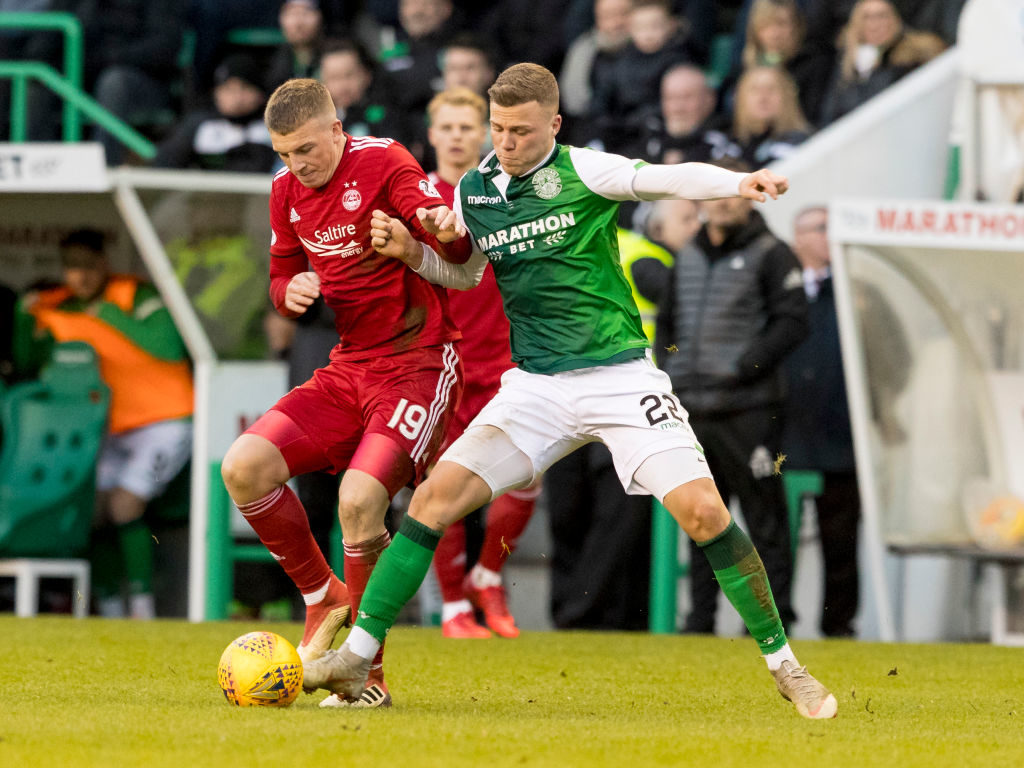 2nd February 2019, Easter Road, Edinburgh, Scotland; Ladbrokes Premiership football, Hibernian versus Aberdeen; Lewis Ferguson of Aberdeen and Florian Kamberi of Hibernian compete for possession of the ball