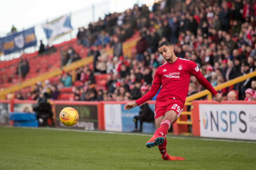 ABERDEEN, SCOTLAND - FEBRUARY 10: Max Lowe of Aberdeen during the Scottish Cup 5th Round match between Aberdeen and Queen of The South at Pittodrie Stadium on February 10, 2019 in Aberdeen, Scotland.