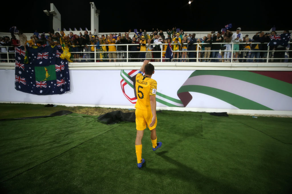 AL AIN, UNITED ARAB EMIRATES - JANUARY 21: Mark Milligan of Australia acknowledges the fans following his sides victory after a penalty shoot-out in the AFC Asian Cup round of 16 match between Australia and Uzbekistan at Khalifa Bin Zayed Stadium on January 21, 2019 in Al Ain, United Arab Emirates.