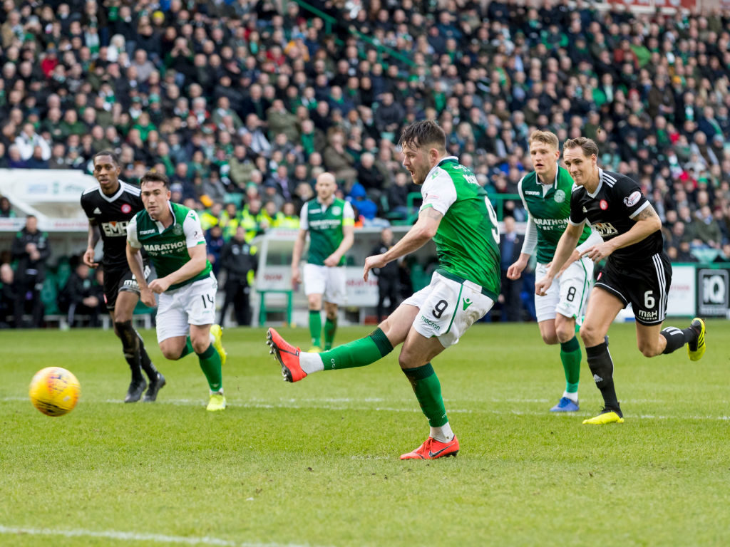 16th February 2019, Easter Road, Edinburgh, Scotland; Ladbrokes Premiership football, Hibernian versus Hamilton Academical; Marc McNulty of Hibernian `scores from the penalty spot to make it 2-0 for Hibs
