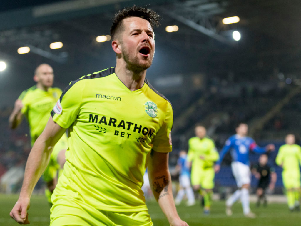 27th February 2019, McDiarmid Park, Perth, Scotland; Ladbrokes Premiership football, St Johnstone versus Hibernian; Marc McNulty of Hibernian celebrates penalty to make the score 1-1