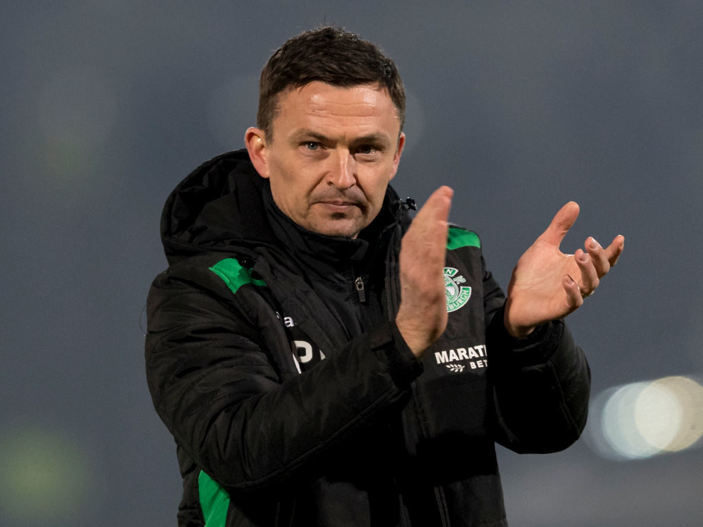 27th February 2019, McDiarmid Park, Perth, Scotland; Ladbrokes Premiership football, St Johnstone versus Hibernian; Paul Heckingbottom Hibernian Manager celebrates the win at full time