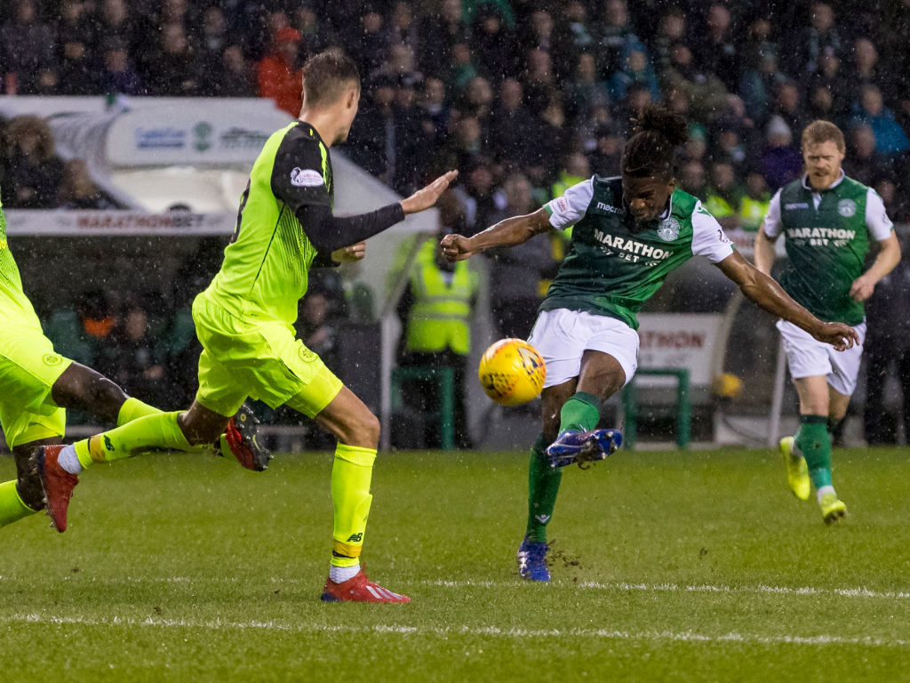 2nd March 2019, Easter Road, Edinburgh, Scotland; Scottish Cup quarter final, Hibernian versus Celtic; Stephane Omeonga of Hibernian takes a shot at goal