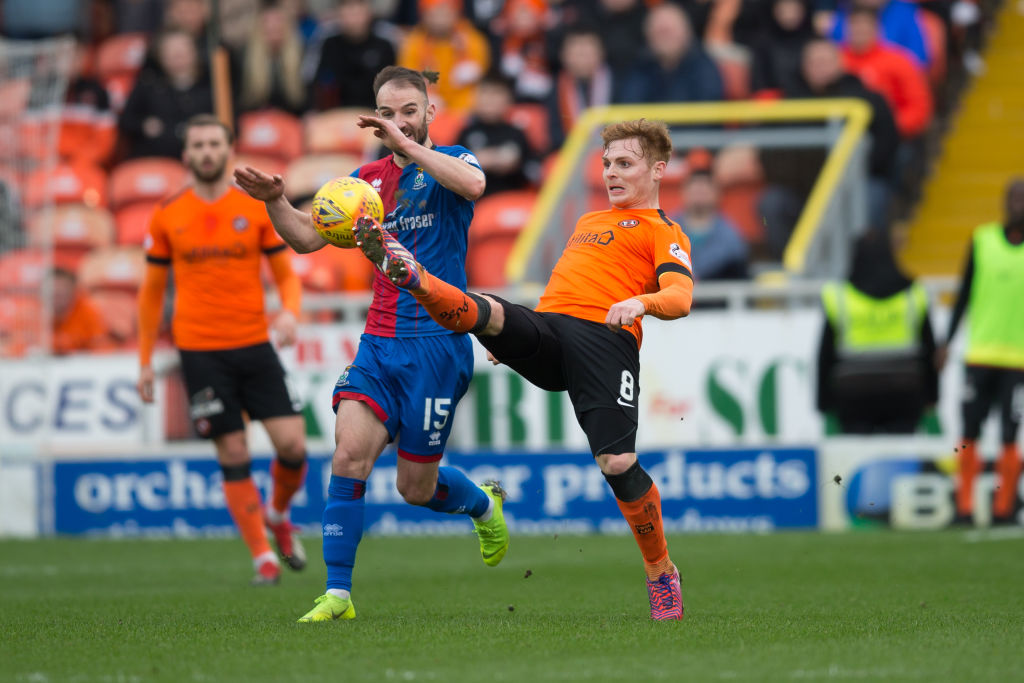 3rd March 2019, Tannadice Park, Dundee, Scotland; Scottish Cup football quarter final, Dundee United versus Inverness Caledonian Thistle; Fraser Fyvie of Dundee United challenges for the ball with Sean Welsh of Inverness Caledonian Thistle
