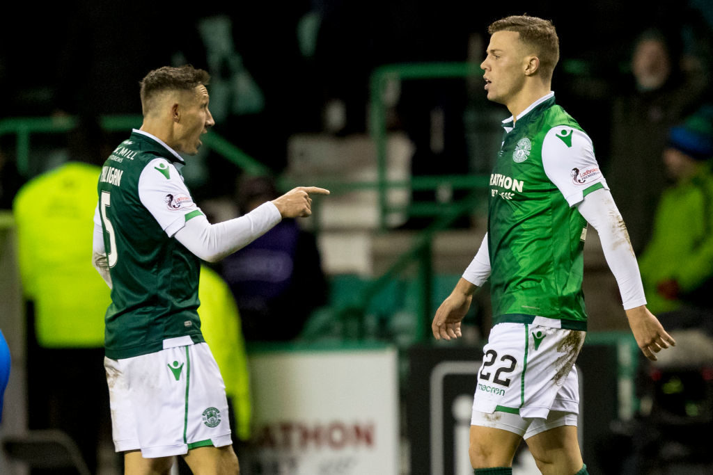 8th March 2019, Easter Road, Edinburgh, Scotland; Ladbrokes Premiership football, Hibernian versus Rangers; Florian Kamberi of Hibernian celebrates after scoring the equaliser to make it 1-1 in the 76th minute with Mark Milligan of Hibernian