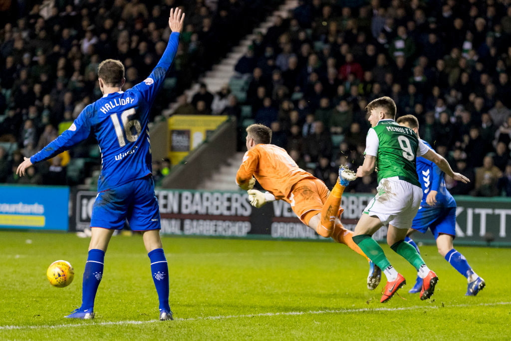 8th March 2019, Easter Road, Edinburgh, Scotland; Ladbrokes Premiership football, Hibernian versus Rangers; Marc McNulty of Hibernian clashes with goalkeeper Allan McGregor of Rangers who drops the shot