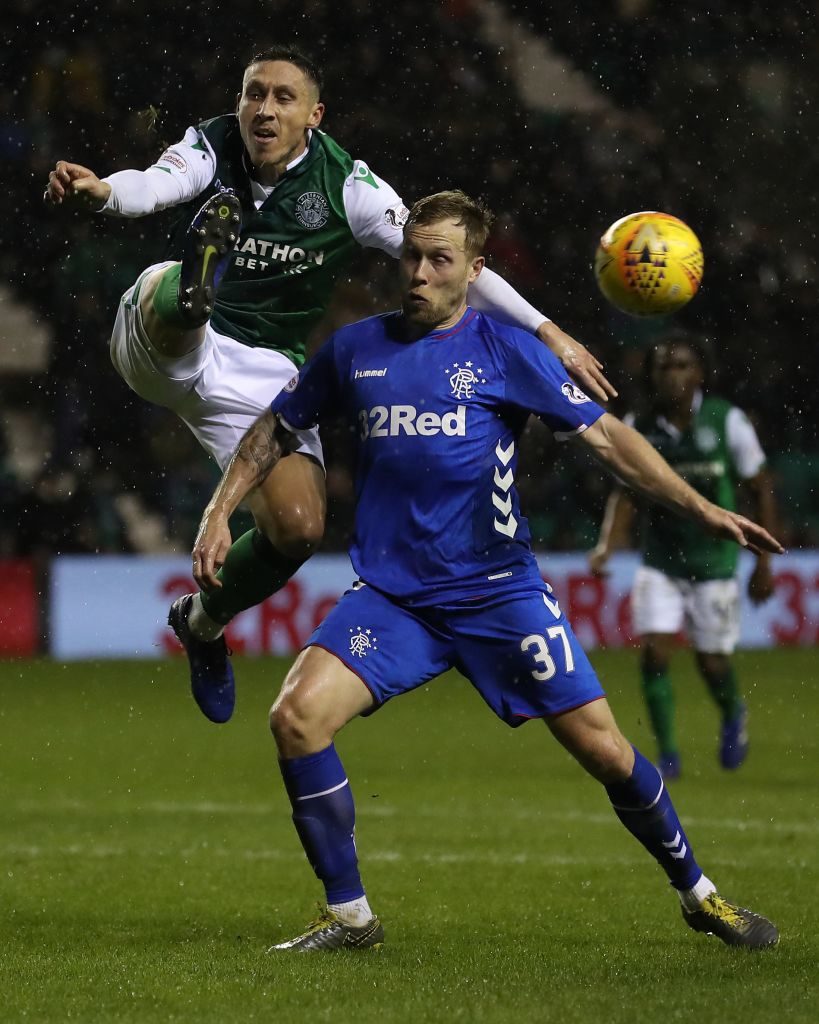 EDINBURGH, SCOTLAND - MARCH 08: Scott Arfield of Rangers is challenged by Mark Milligan of Hibernian during the Ladbrokes Premiership match between Hibernian and Rangers at Easter Road on March 08, 2019 in Edinburgh, United Kingdom.