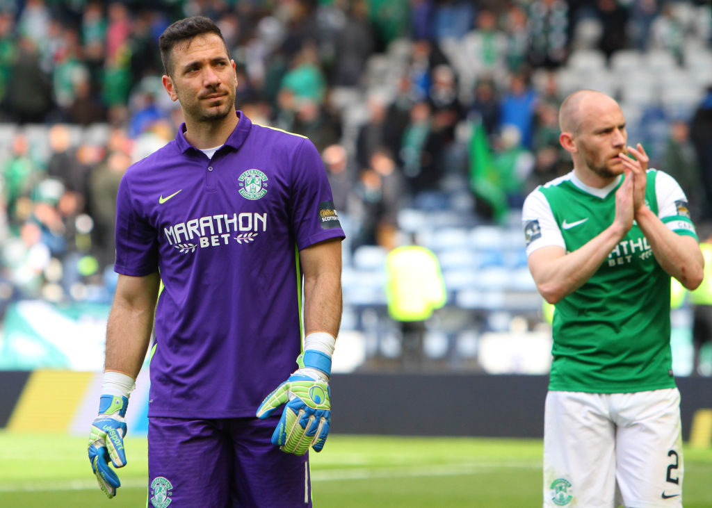 April 22nd 2017, Hampden Park, Glasgow, Scotland; Scottish Cup semi-final football, Hibernian versus Aberdeen; A dejected Ofir Marciano leaves the park after being beaten 3-2