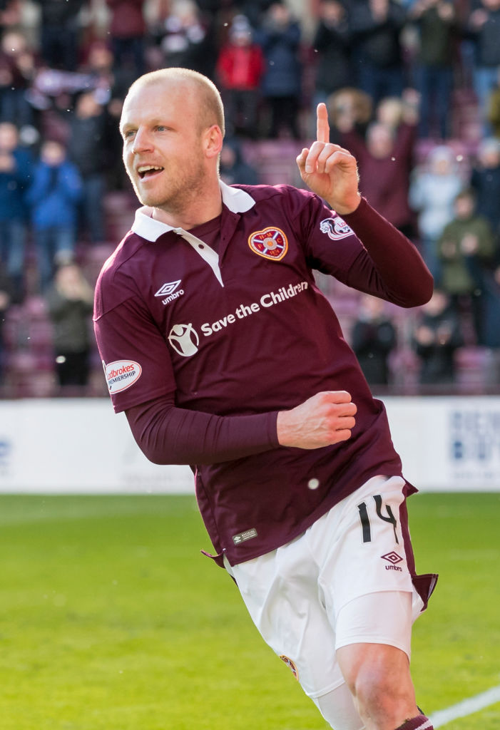 17th March 2018, Tynecastle Park, Edinburgh, Scotland; Scottish Premier League football, Heart of Midlothian versus Partick Thistle; Steven Naismith of Hearts celebrates his sides second goal