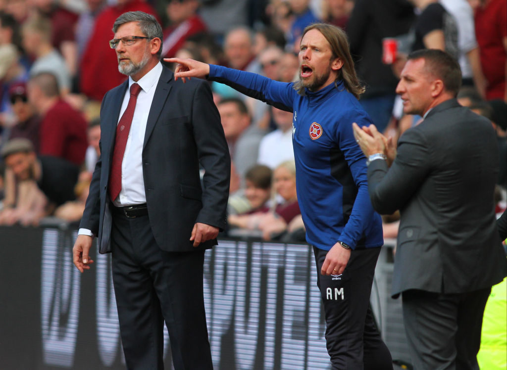 6th May 2018, Tynecastle Park, Edinburgh, Scotland; Scottish Premiership football, Heart of Midlothian versus Celtic; Craig Levein, Austin Mcphee and Brendan Rodgers as the game heats up
