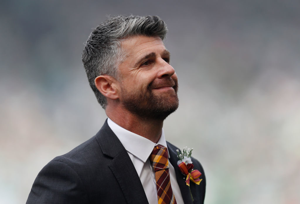 GLASGOW, SCOTLAND - MAY 19: Stephen Robinson, manager of Motherwell looks on prior to the Scottish Cup Final between Motherwell and Celtic at Hampden Park on May 19, 2018 in Glasgow, Scotland.