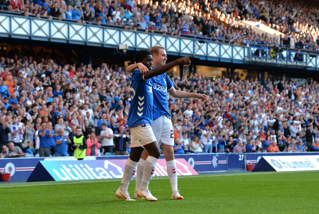GLASGOW, SCOTLAND - JULY 06: Zak Rudden of Rangers celebrates after scoring a goal in the second half of the game during the Pre-Season Friendly between Rangers and Bury at Ibrox Stadium on July 6, 2018 in Glasgow, Scotland.