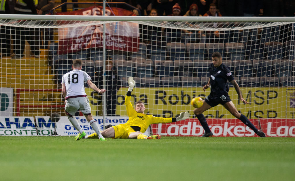 23rd October 2018, Dens Park, Dundee, Scotland; Ladbrokes Premiership football, Dundee versus Heart of Midlothian; Dundee goalkeeper Jack Hamilton spreads himself and makes a great save from Steven MacLean of Heart of Midlothian