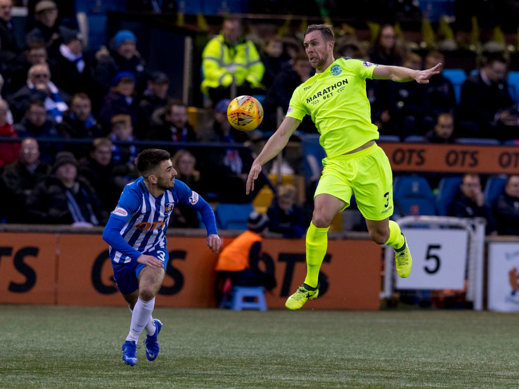 1st December 2018, Rugby Park, Kilmarnock, Scotland; Ladbrokes Premiership football, Kilmarnock versus Hibernian; Steven Whittaker of Hibernian wins ball in the air