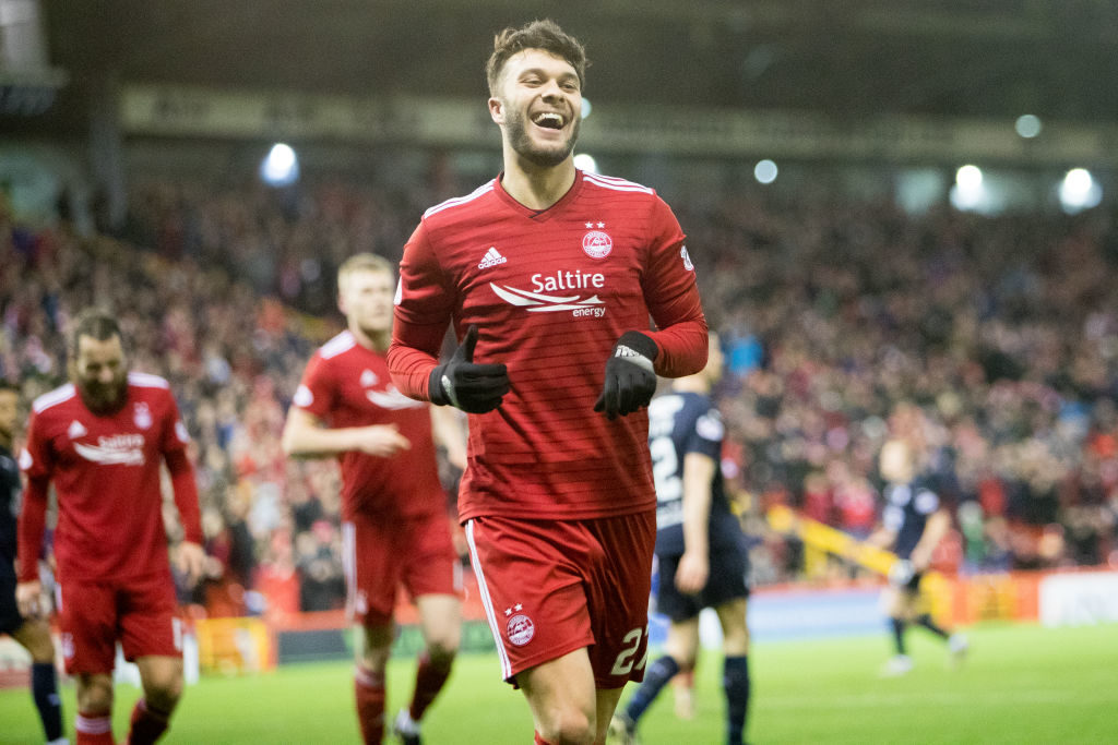ABERDEEN, SCOTLAND - DECEMBER 18: Connor McLennan of Aberdeen celebrating his goal to make it 4-0 Aberdeen at Pittodrie Stadium on December 18, 2018 in Aberdeen, Scotland.