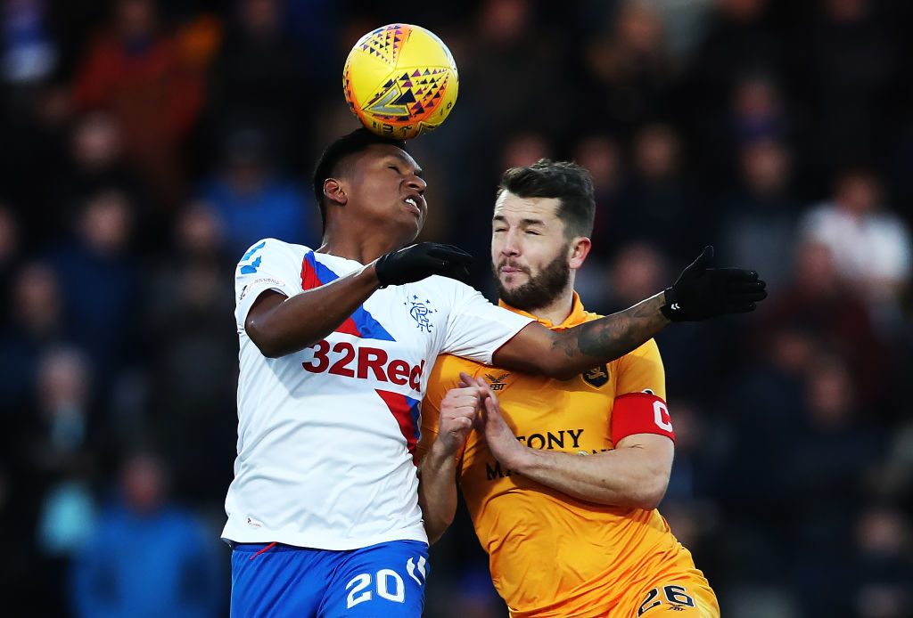 LIVINGSTON, SCOTLAND - JANUARY 27: Alfredo Morelos of Rangers vies with Craig Halkett of Livingston during the Ladbrokes Premiership match between Livingston and Rangers at Tony Macaroni Arena on January 27, 2019 in Livingston, United Kingdom. Hearts