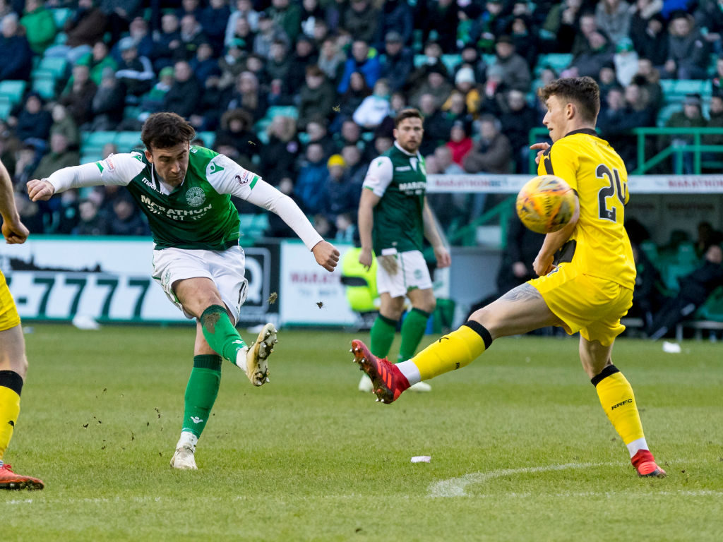 9th February 2019, Easter Road, Edinburgh, Scotland; Scottish Cup football fifth round, Hibernian versus Raith Rovers; Stevie Mallan of Hibernian takes a shot at goal as Barjonas of Raith challenges