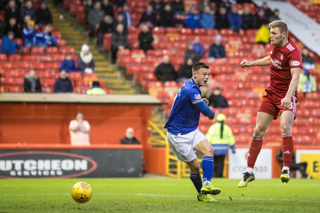 ABERDEEN, SCOTLAND - FEBRUARY 10: Sam Cosgrove of Aberdeen scores a header during the Scottish Cup 5th Round match between Aberdeen and Queen of The South at Pittodrie Stadium on February 10, 2019 in Aberdeen, Scotland.