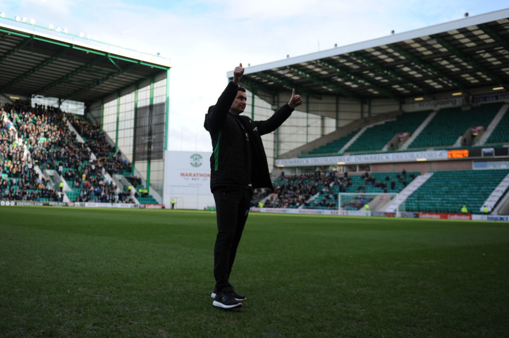 EDINBURGH, SCOTLAND - FEBRUARY 16: Paul Heckingbottom Manager of Hibernian FC takes to the field for the first time before the Ladbrokes Premiership match between Hibernian and Hamilton Academical at Easter Road on February 16, 2019 in Edinburgh, United Kingdom. 