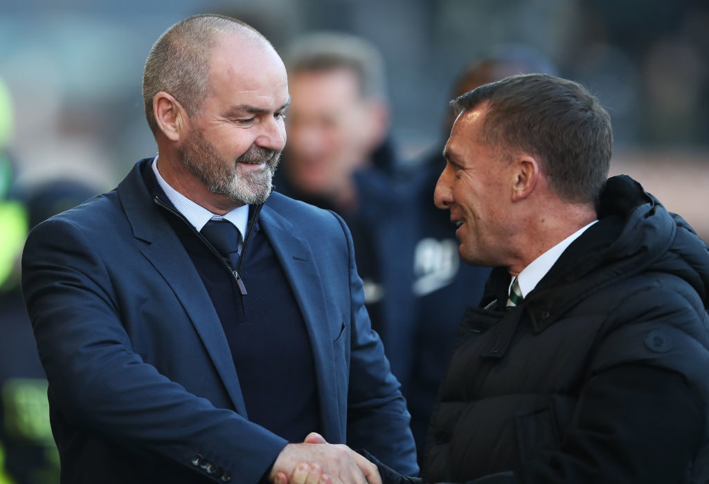 KILMARNOCK, SCOTLAND - FEBRUARY 17: Celtic manager Brendan Rodgers and Kilmarnock manager Steve Clarke are seen prior to the Scottish Ladbrokes Premiership match between Kilmarnock and Celtic at Rugby Park on February 17, 2019 in Kilmarnock, Scotland.