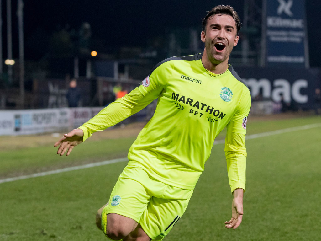 22nd February 2019, Dens Park, Dundee, Scotland; Ladbrokes Premiership football, Dundee v Hibernian; Stevie Mallan of Hibernian celebrates after scoring the fourth goal for Hibernian