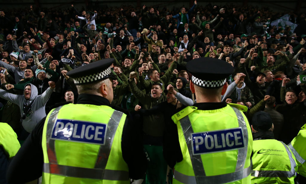 27th February 2019, Tynecastle Park, Edinburgh, Scotland; Ladbrokes Premiership football, Heart of Midlothian versus Celtic; Celtic supporters after the final whistle