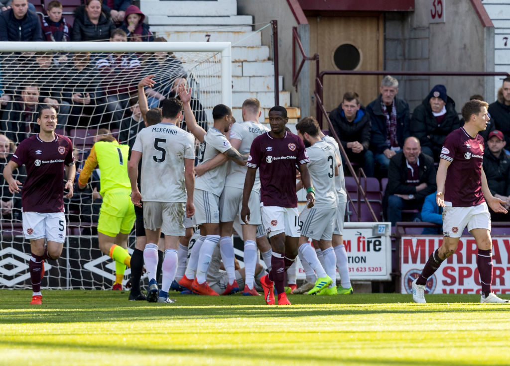 30th March 2019, Tynecastle Park, Edinburgh, Scotland; Ladbrokes Premiership football, Heart of Midlothian versus Aberdeen; Connor McLennan of Aberdeen celebrates as he scores the opening goal of the game