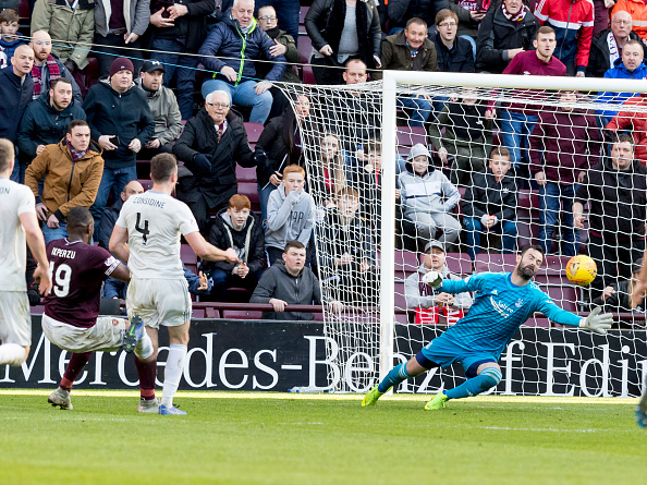 30th March 2019, Tynecastle Park, Edinburgh, Scotland; Ladbrokes Premiership football, Heart of Midlothian versus Aberdeen; Uche Ikpeazu of Hearts scores his sides second goal which made it 2-1